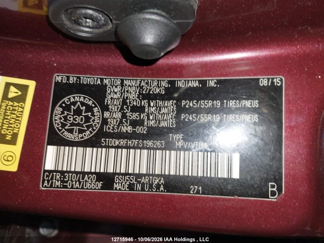 Toyota Highlander Limited 2015 5TDDKRFH7FS196263 Image 9