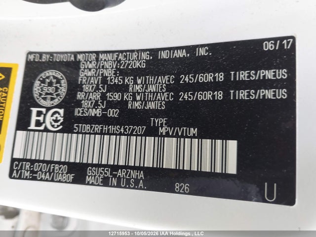 Toyota Highlander Le/le Plus 2017 5TDBZRFH1HS437207 Image 18