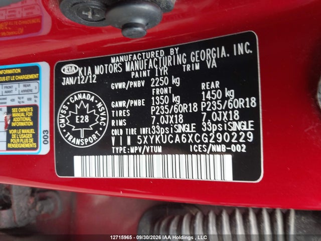 Aukcja sprzedaży 2012 Kia Sorento, vin: 5XYKUCA6XCG290229, numer aukcji: 12715965