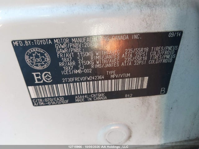 12715966 :رقم المزاد ، 2T3DFREV0FW242364 vin ، 2015 Toyota Rav4 مزاد بيع