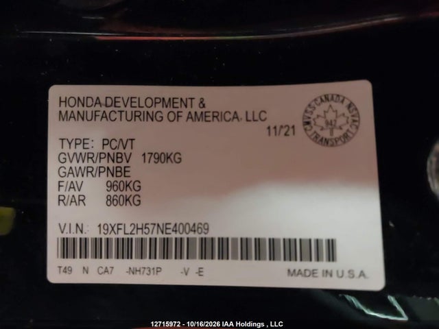 19XFL2H57NE400469 Honda Civic Lx