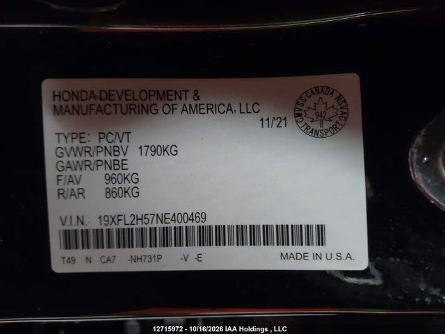 19XFL2H57NE400469 Honda Civic Lx