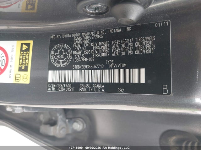 12715999 :رقم المزاد ، 5TDBK3EH3BS067713 vin ، 2011 Toyota Highlander V6 مزاد بيع