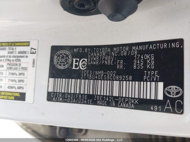 Продаж на аукціоні авто 2009 Toyota Corolla Ce, vin: 2T1BU40E59C089258, номер лоту: 12692359