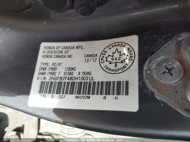 Продаж на аукціоні авто 2013 Honda Civic Lx, vin: 2HGFB2F48DH100313, номер лоту: 12700311