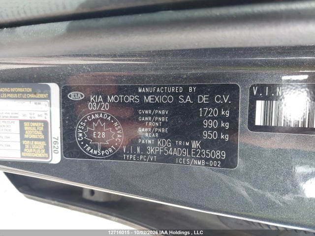 Aukcja sprzedaży 2020 Kia Forte Ex, vin: 3KPF54AD9LE235089, numer aukcji: 12716015