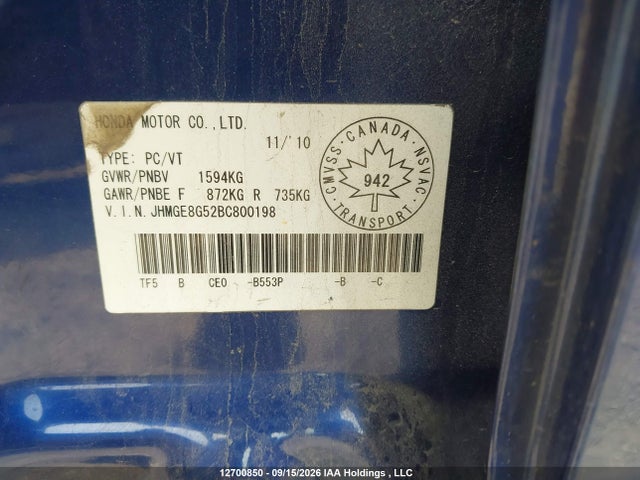 Продаж на аукціоні авто 2011 Honda Fit Lx, vin: JHMGE8G52BC800198, номер лоту: 12700850