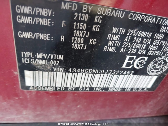12700864 :رقم المزاد ، 4S4BSDNC9J3322452 vin ، 2018 Subaru Outback 2.5i Limited مزاد بيع