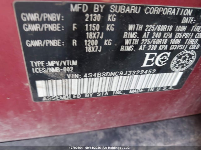 12700864 :رقم المزاد ، 4S4BSDNC9J3322452 vin ، 2018 Subaru Outback 2.5i Limited مزاد بيع