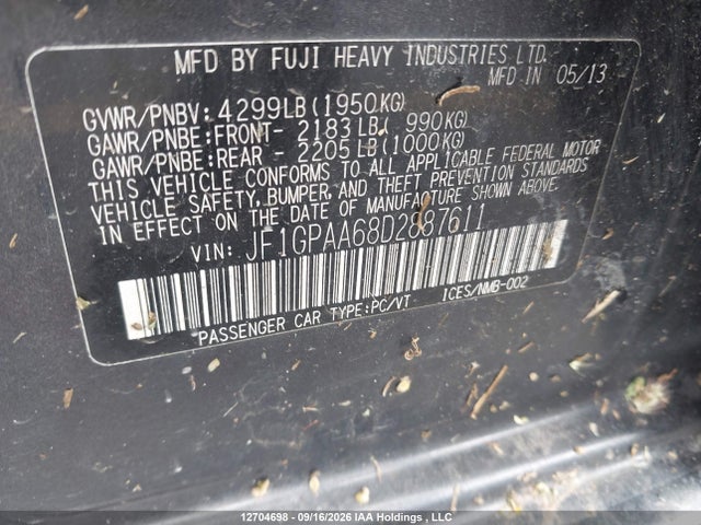 12704698 :رقم المزاد ، JF1GPAA68D2887611 vin ، 2013 Subaru Impreza 2.0i مزاد بيع