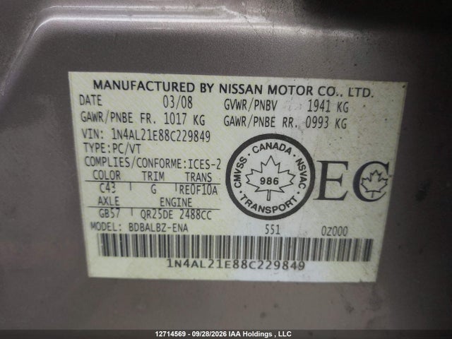 Aukcja sprzedaży 2008 Nissan Altima 2.5/2.5s, vin: 1N4AL21E88C229849, numer aukcji: 12714569
