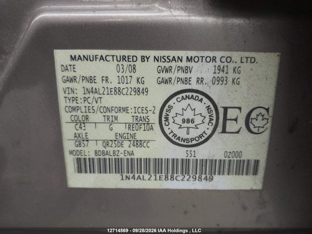Aukcja sprzedaży 2008 Nissan Altima 2.5/2.5s, vin: 1N4AL21E88C229849, numer aukcji: 12714569