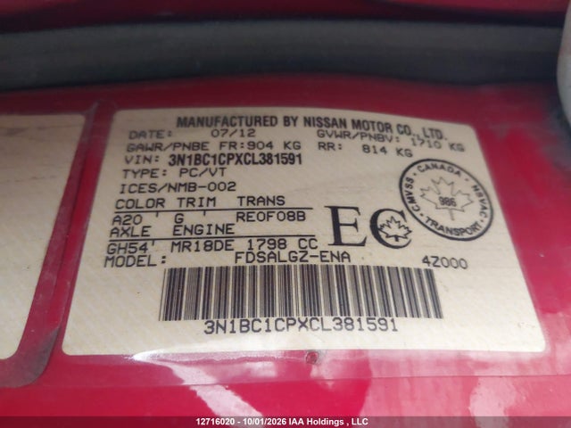 2012 Nissan Versa მანქანა იყიდება აუქციონზე, vin: 3N1BC1CPXCL381591, აუქციონის ნომერი: 12716020