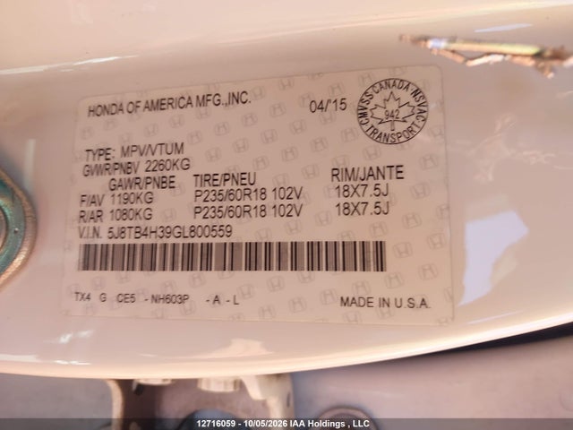 Aukcja sprzedaży 2016 Acura Rdx, vin: 5J8TB4H39GL800559, numer aukcji: 12716059
