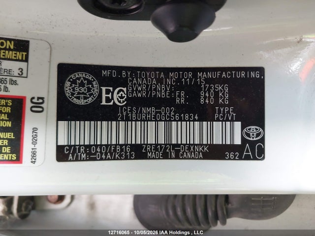 2T1BURHE0GC561834 Toyota COROLLA LE