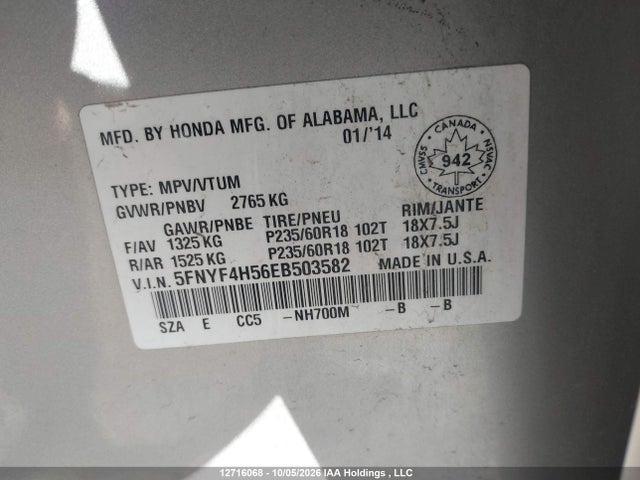 12716068 :رقم المزاد ، 5FNYF4H56EB503582 vin ، 2014 Honda Pilot Exl مزاد بيع