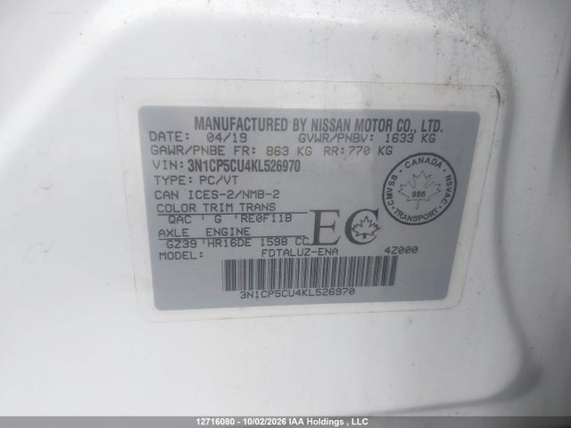 Продаж на аукціоні авто 2019 Nissan Kicks S/sr/sv, vin: 3N1CP5CU4KL526970, номер лоту: 12716080