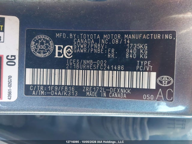 2T1BURHE5FC241486 Toyota COROLLA LE
