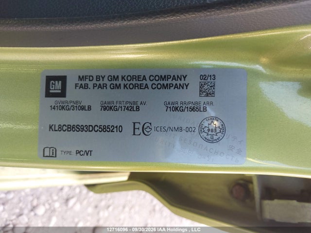 Aukcja sprzedaży 2013 Chevrolet Spark Ls, vin: KL8CB6S93DC585210, numer aukcji: 12716096