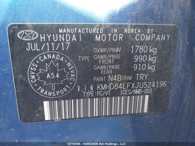 12716104 :رقم المزاد ، KMHD84LFXJU524196 vin ، 2018 Hyundai Elantra Gl Se مزاد بيع