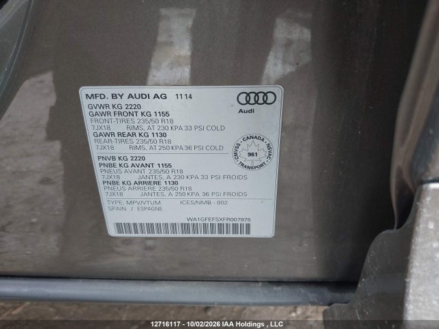 12716117 :رقم المزاد ، WA1GFEFSXFR007975 vin ، 2015 Audi Q3 2.0t Technik مزاد بيع