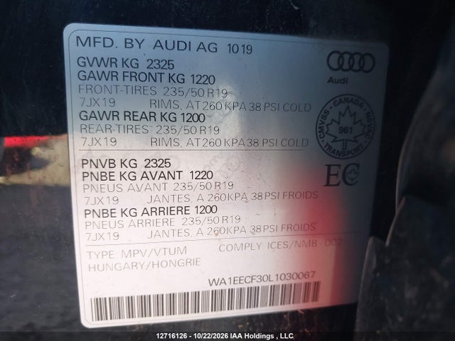 12716126 :رقم المزاد ، WA1EECF30L1030067 vin ، 2020 Audi Q3 45 Progressiv مزاد بيع