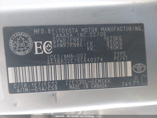 Продажа на аукционе авто 2006 Toyota Corolla Ce/le/sport, vin: 2T1BR32E76C640374, номер лота: 12694858