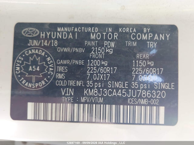 Продаж на аукціоні авто 2018 Hyundai Tucson Premium 2.0l, vin: KM8J3CA45JU786320, номер лоту: 12697169