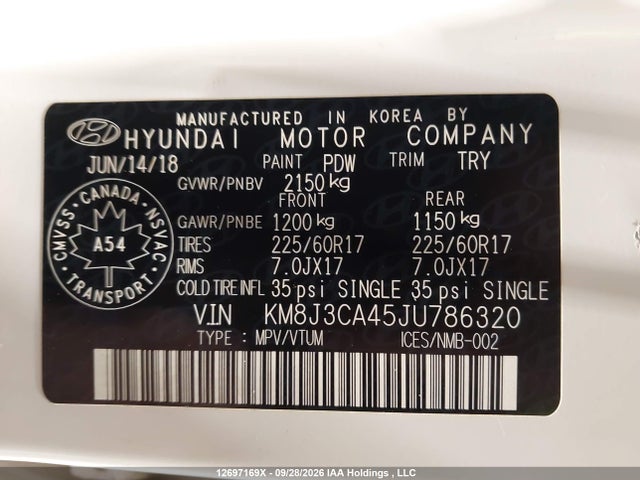 Продаж на аукціоні авто 2018 Hyundai Tucson Premium 2.0l, vin: KM8J3CA45JU786320, номер лоту: 12697169