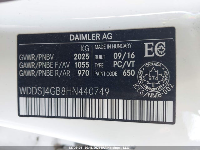 Aukcja sprzedaży 2017 Mercedes-benz Cla 250 4matic, vin: WDDSJ4GB8HN440749, numer aukcji: 12705101