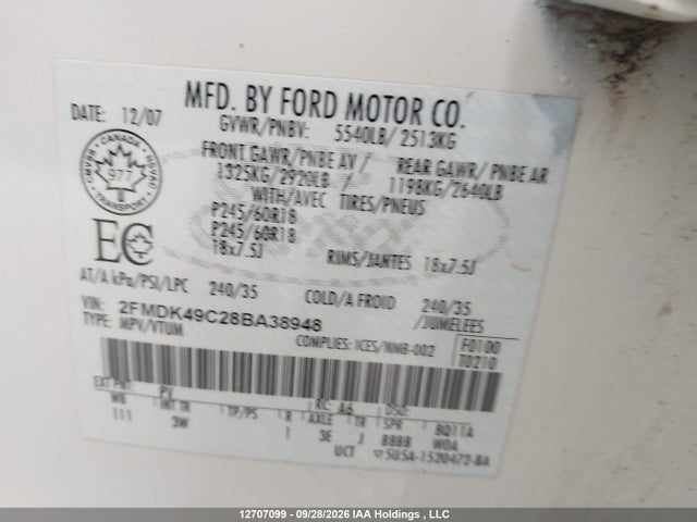 2008 Ford Edge Limited მანქანა იყიდება აუქციონზე, vin: 2FMDK49C28BA38948, აუქციონის ნომერი: 12707099