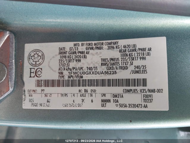 12707213 :رقم المزاد ، 1FMCU0GXXDUA56235 vin ، 2013 Ford Escape Se مزاد بيع