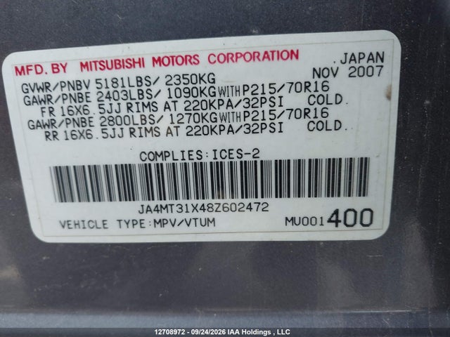 Auction sale of the 2008 Mitsubishi Outlander Ls, vin: JA4MT31X48Z602472, lot number: 12708972