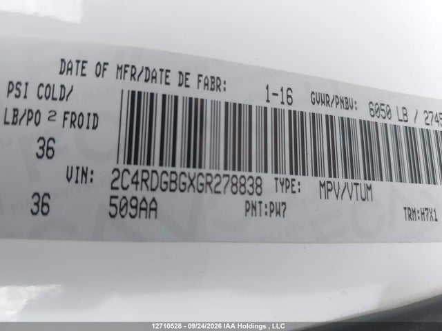 Aukcja sprzedaży 2016 Dodge Grand Caravan Se/sxt, vin: 2C4RDGBGXGR278838, numer aukcji: 12710528