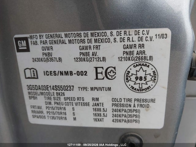 Продаж на аукціоні авто 2004 Buick Rendezvous Cx/cx Plus/cxl/cxl Plus, vin: 3G5DA03E14S550237, номер лоту: 12711159