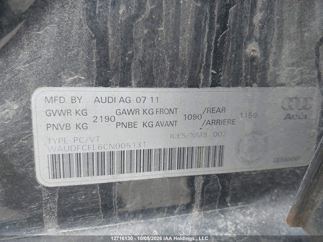 12716130 :رقم المزاد ، WAUDFCFL6CN005131 vin ، 2012 Audi A4 Quattro مزاد بيع