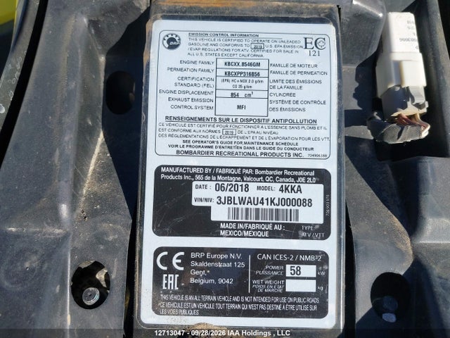 2019 Can-am Outlander X Mr 850 მანქანა იყიდება აუქციონზე, vin: 3JBLWAU41KJ000088, აუქციონის ნომერი: 12713047