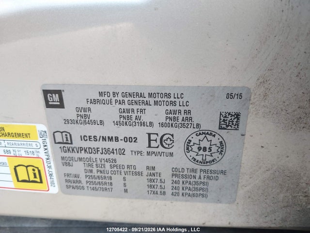 Aukcja sprzedaży 2015 Gmc Acadia Sle2, vin: 1GKKVPKD3FJ364102, numer aukcji: 12705422