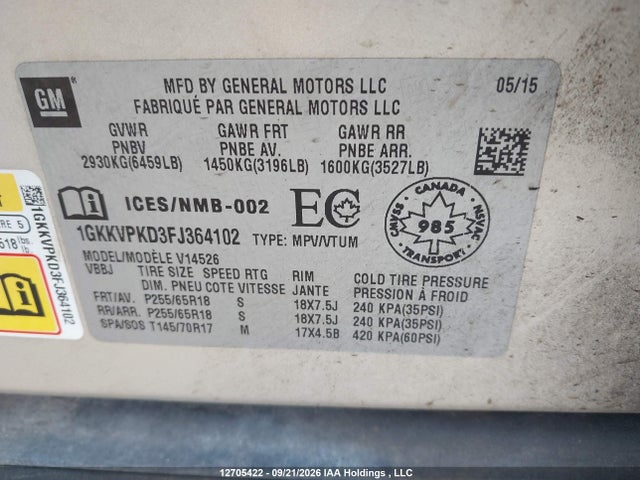 Aukcja sprzedaży 2015 Gmc Acadia Sle2, vin: 1GKKVPKD3FJ364102, numer aukcji: 12705422