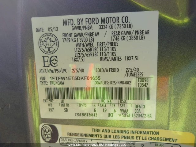 12716134 :رقم المزاد ، 1FTFW1ET5DKF01655 vin ، 2013 Ford F150 Supercrew مزاد بيع
