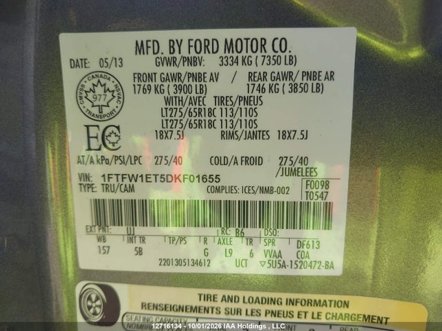12716134 :رقم المزاد ، 1FTFW1ET5DKF01655 vin ، 2013 Ford F150 Supercrew مزاد بيع
