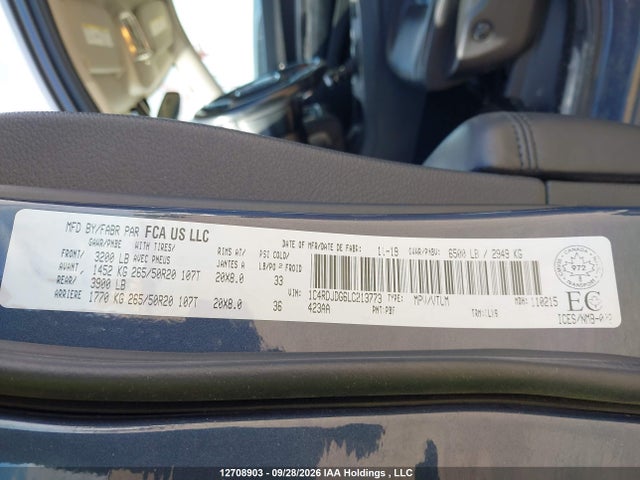12708903 :رقم المزاد ، 1C4RDJDG6LC213773 vin ، 2020 Dodge Durango Gt مزاد بيع