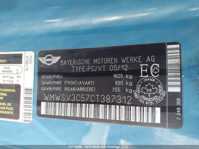 12716166 :رقم المزاد ، WMWSV3C57CT387312 vin ، 2012 Mini Cooper S مزاد بيع