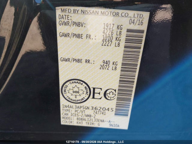 1N4AL3AP5GN362045 Nissan Altima 2.5/2.5 S/2.5 Sl Tech/2.5 Sr/2.5 Sv