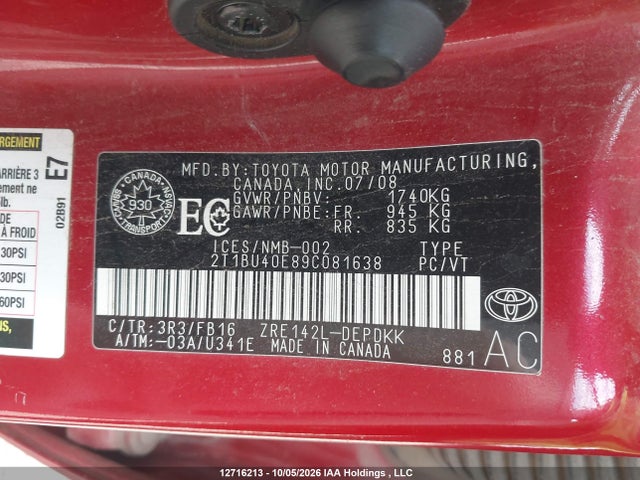 Aukcja sprzedaży 2009 Toyota Corolla S/le/xle, vin: 2T1BU40E89C081638, numer aukcji: 12716213