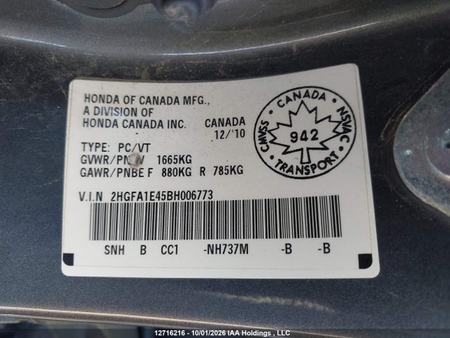 Aukcja sprzedaży 2011 Honda Civic Dx-g, vin: 2HGFA1E45BH006773, numer aukcji: 12716216