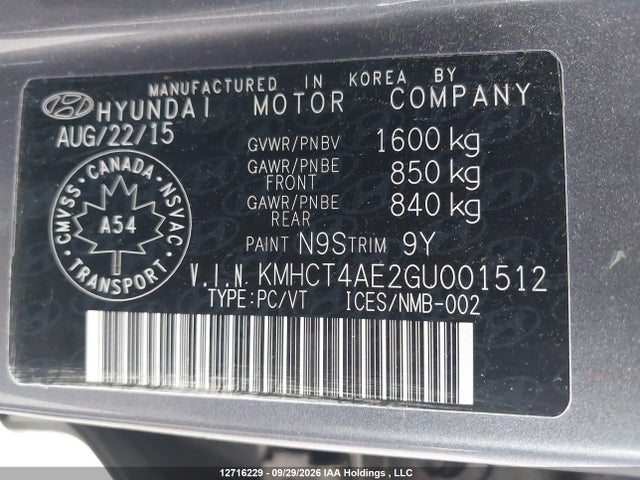 12716229 :رقم المزاد ، KMHCT4AE2GU001512 vin ، 2016 Hyundai Accent Se مزاد بيع