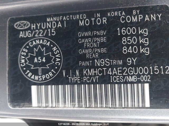 12716229 :رقم المزاد ، KMHCT4AE2GU001512 vin ، 2016 Hyundai Accent Se مزاد بيع