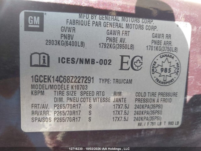 2008 Chevrolet Silverado 1500 Lt/wt მანქანა იყიდება აუქციონზე, vin: 1GCEK14C68Z227291, აუქციონის ნომერი: 12716230