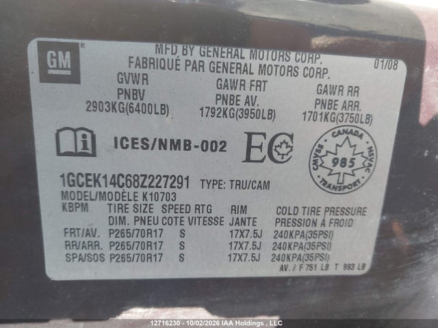 2008 Chevrolet Silverado 1500 Lt/wt მანქანა იყიდება აუქციონზე, vin: 1GCEK14C68Z227291, აუქციონის ნომერი: 12716230